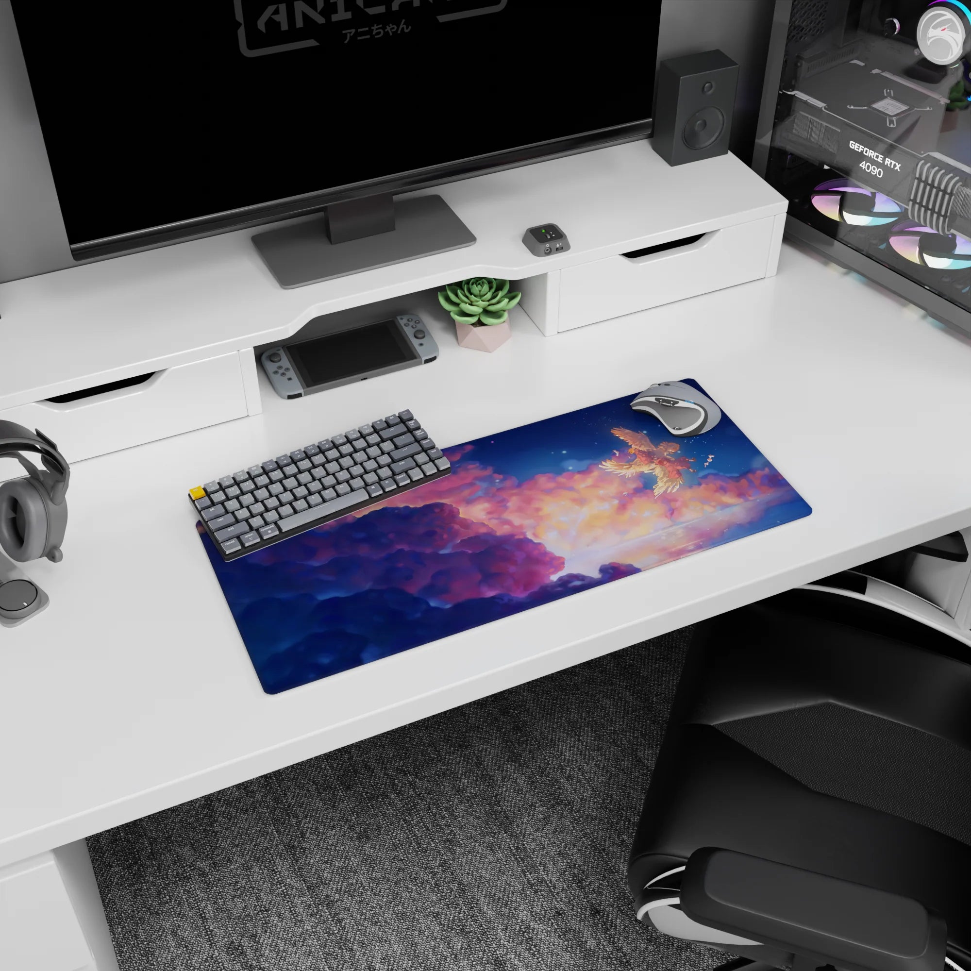 Howl and Sophie floating in a starlit sky on an anime mouse pad 28x12 inches with a giant winged friend.