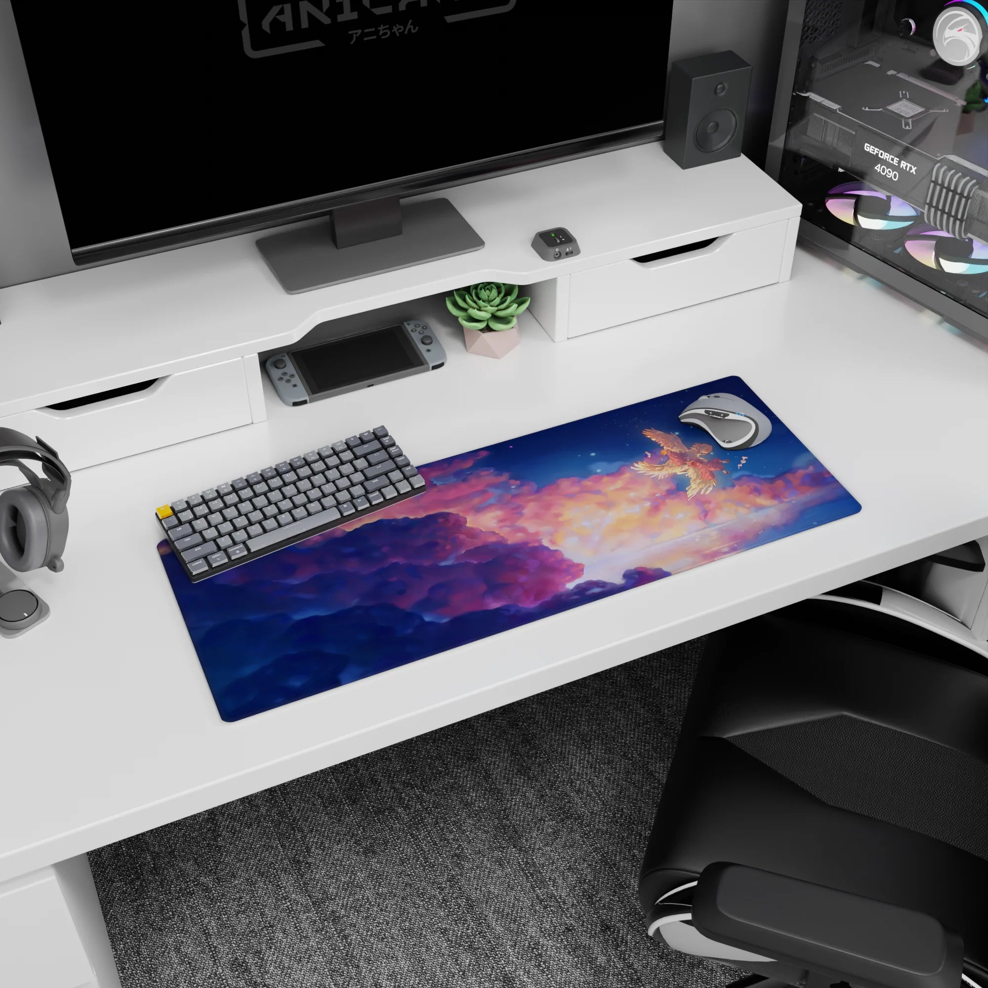 32x12 inches anime mouse pad with Howl and Sophie drifting beside a giant winged creature in the sky.