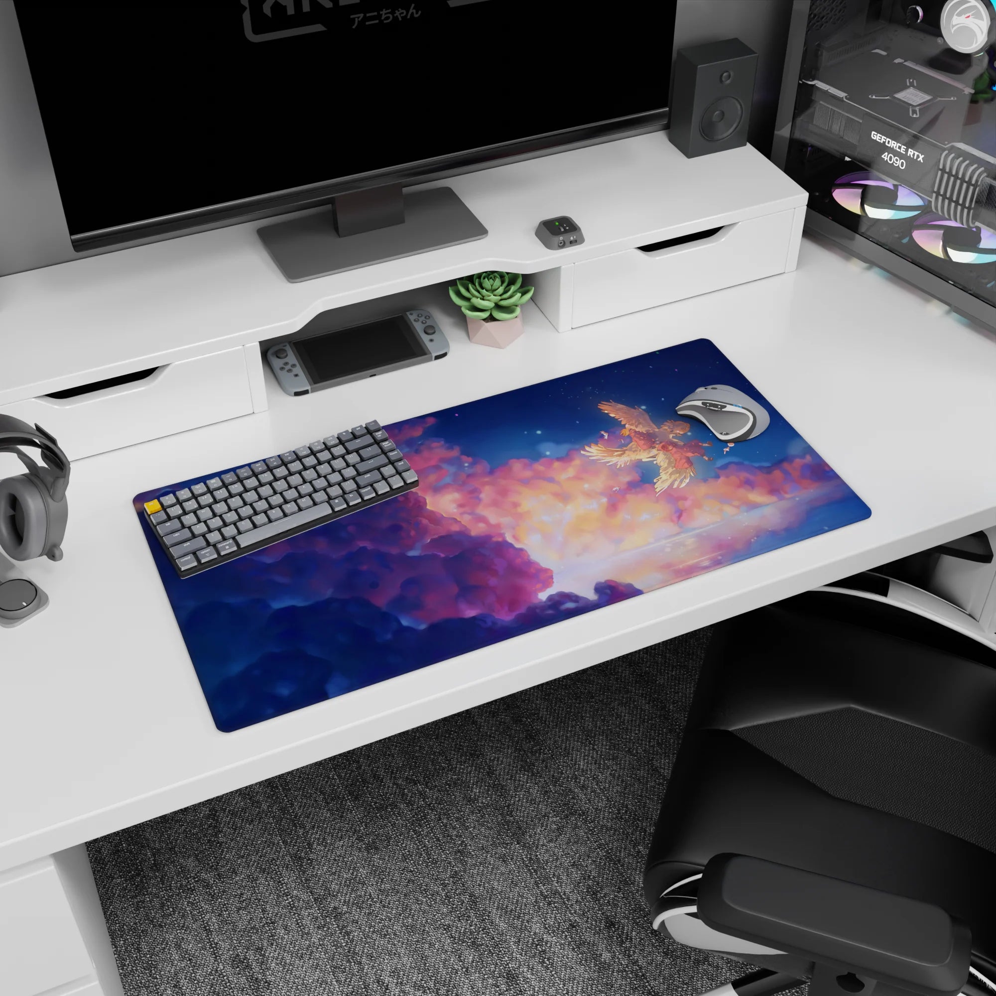 32x16 inches anime mouse pad with Howl and Sophie drifting through the sky beside a huge winged creature.