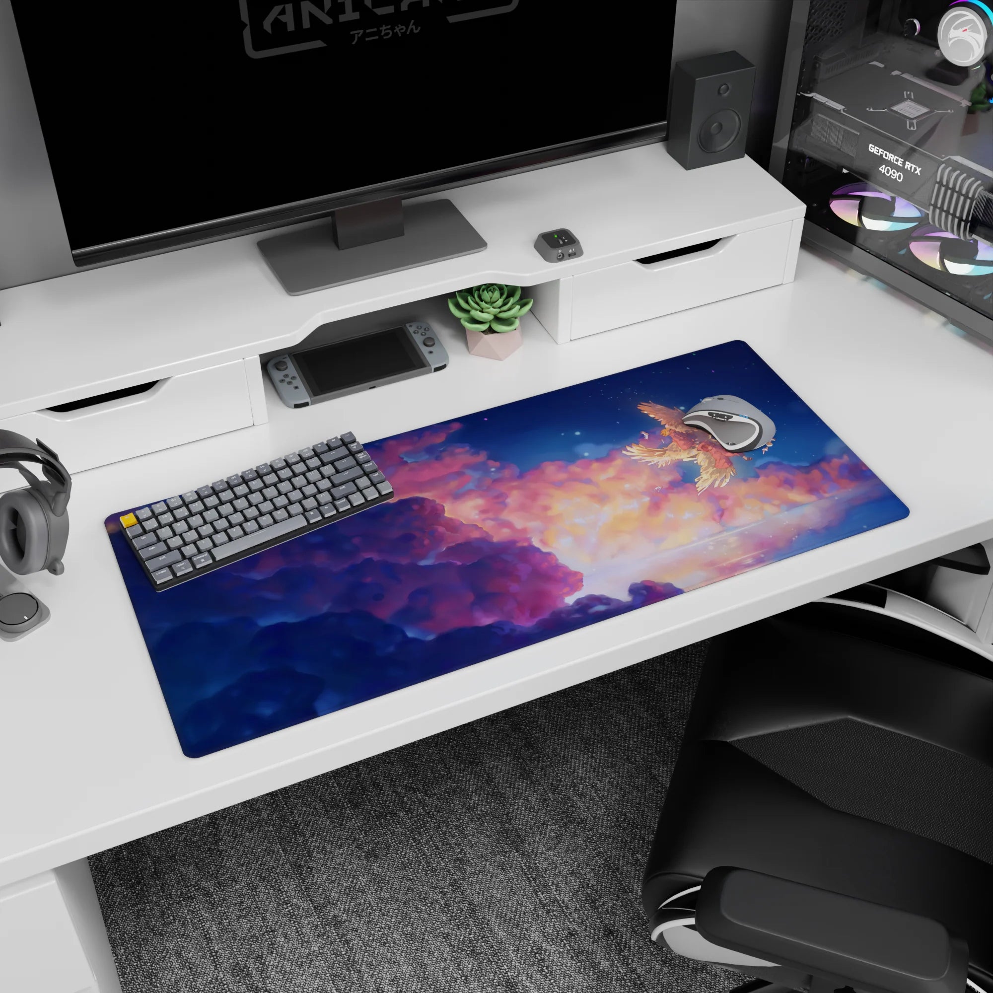 Howl and Sophie drifting by a giant winged creature on a 36x16 inches anime desk pad in starry skies.