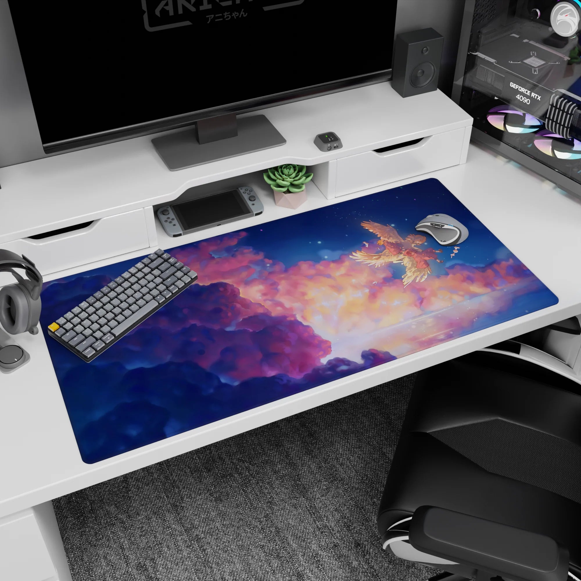 Howl and Sophie floating in a dreamy sky beside a giant winged creature on an anime desk pad 40x20 inches.