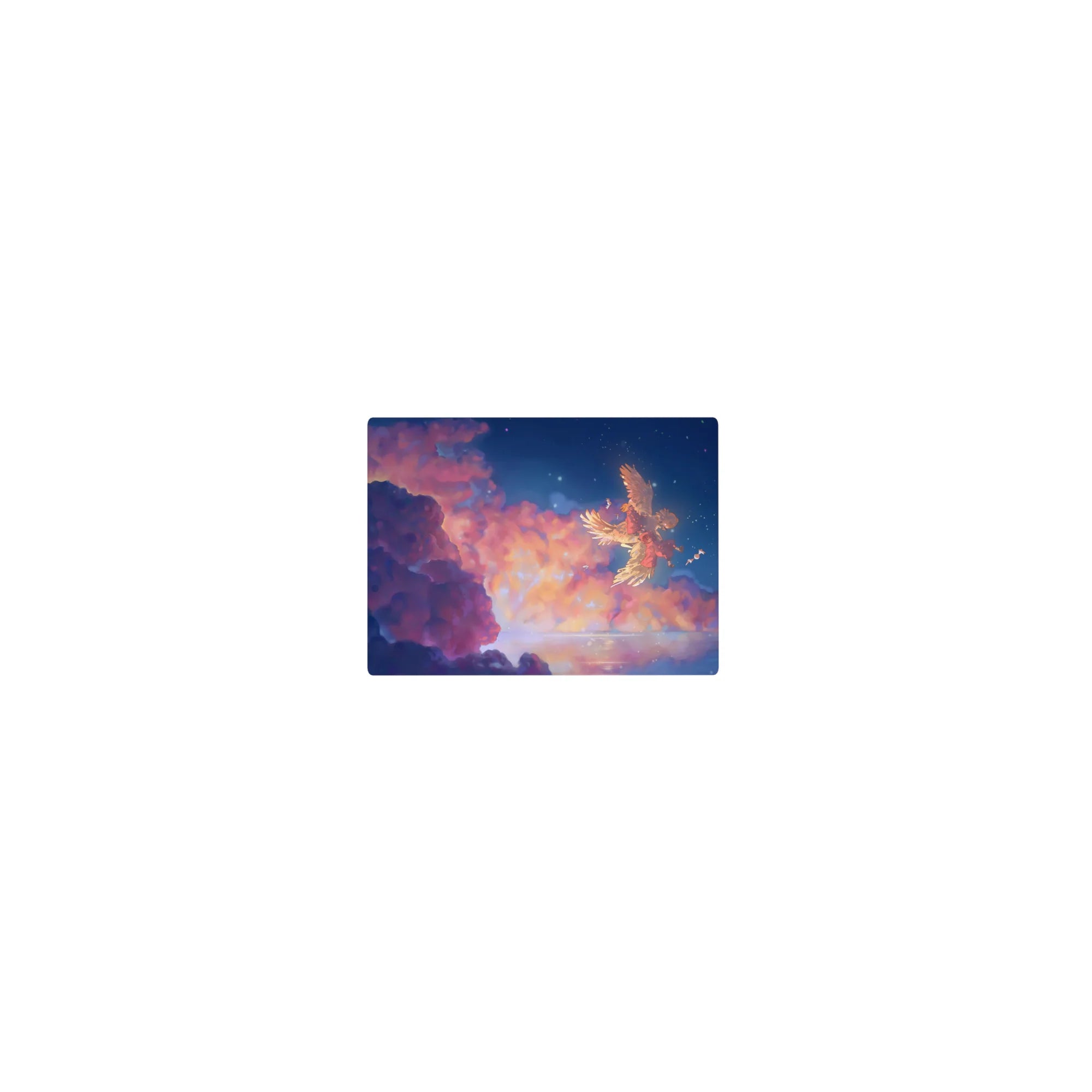 Classic anime mouse pad 14x10 inches with a dreamy sky scene, winged companion, and starry clouds.