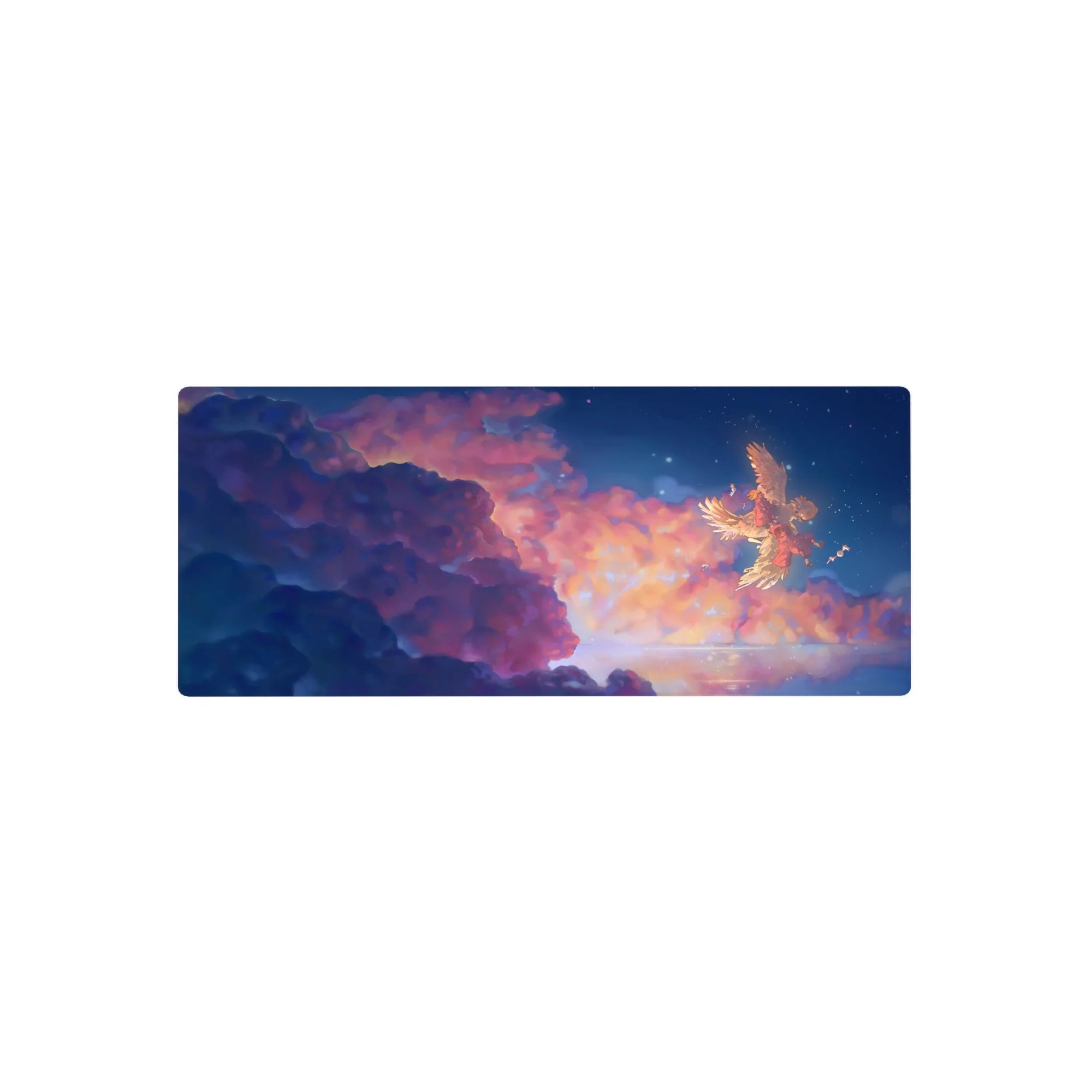 Anime sky scene mouse pad 28x12 inches with winged companion, peach clouds, navy night, stars.