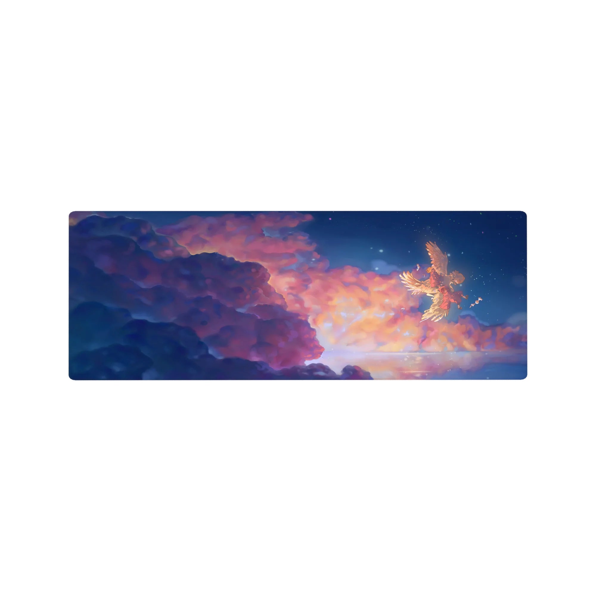 32x12 inches anime desk mouse pad with Ghibli-inspired sky, winged companion, stars and clouds.