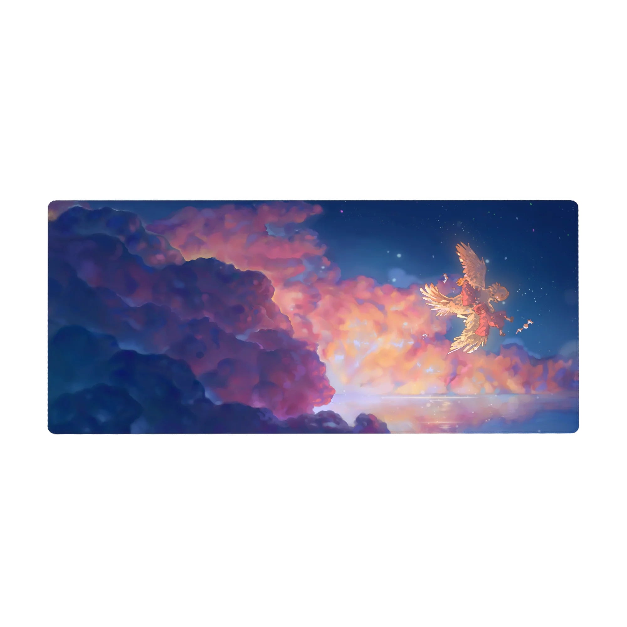 Anime desk pad 36x16 inches with Ghibli-inspired sky, winged companion, stars, and peach clouds.
