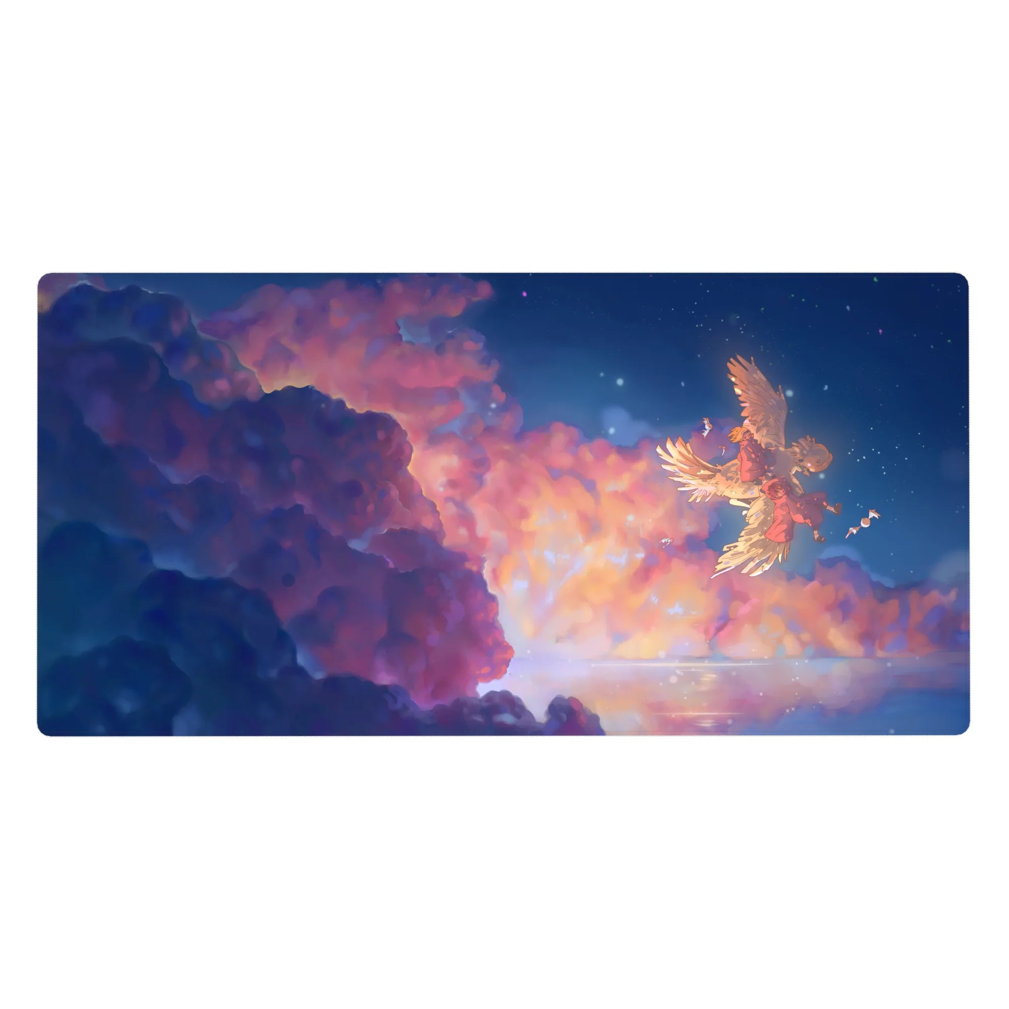 Anime desk pad 40x20 inches with Ghibli-style sky, peach clouds, navy night, stars, and winged companion.