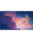 Anime desk pad 40x20 inches with Ghibli-style sky, peach clouds, navy night, stars, and winged companion.