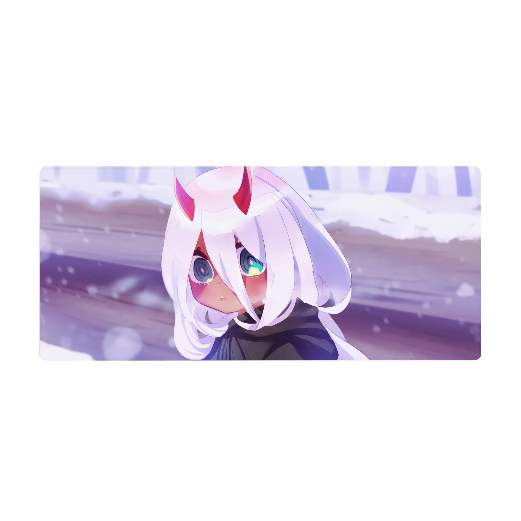 Mouse pad featuring chibi Zero Two design, 36x16 inches, with soft white hair, glowing eyes, and delicate horns in a dreamy snowy setting for winter magic.