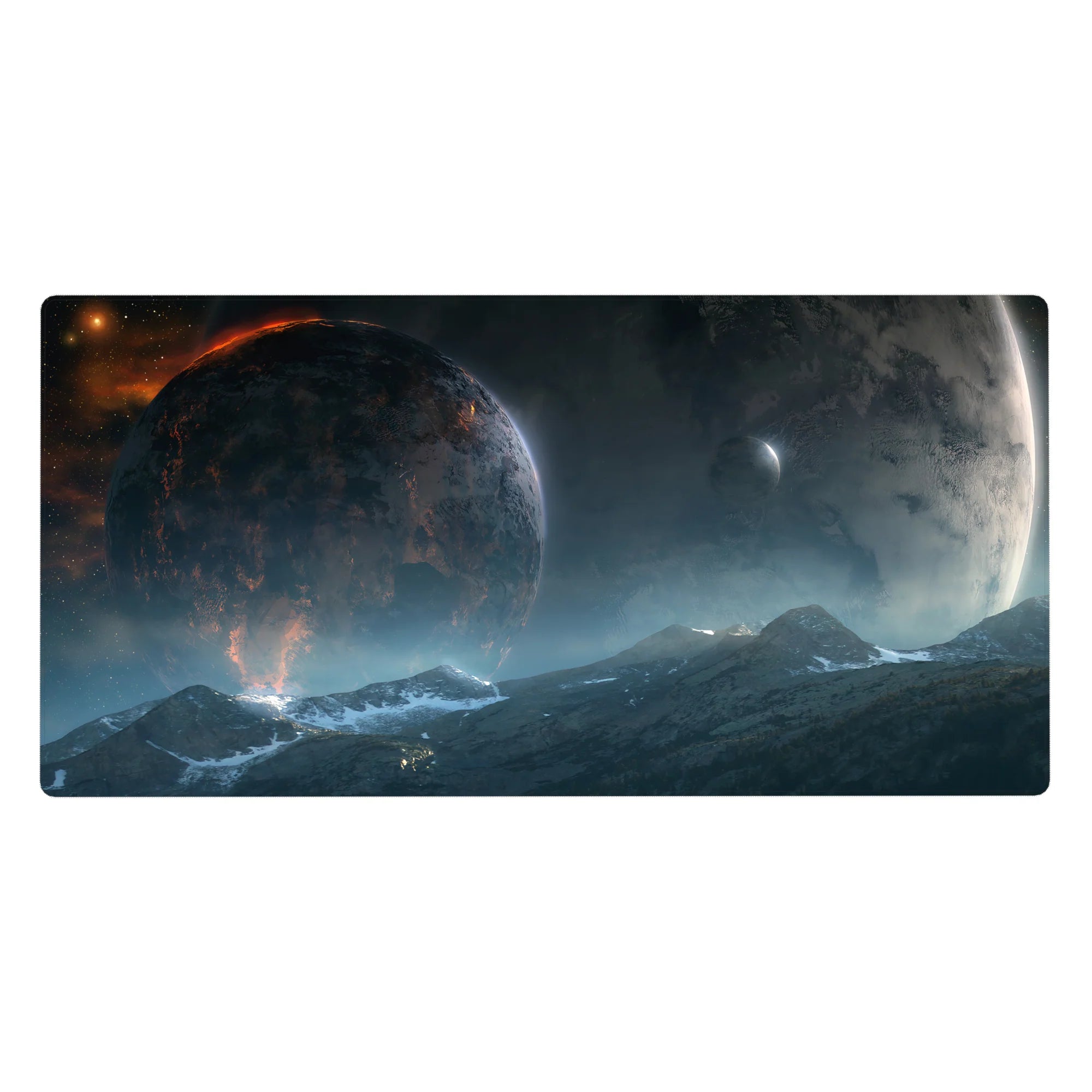 Sci-fi starship window desk pad, misty mountains, stars, glowing planet horizon, 40x20 inches.