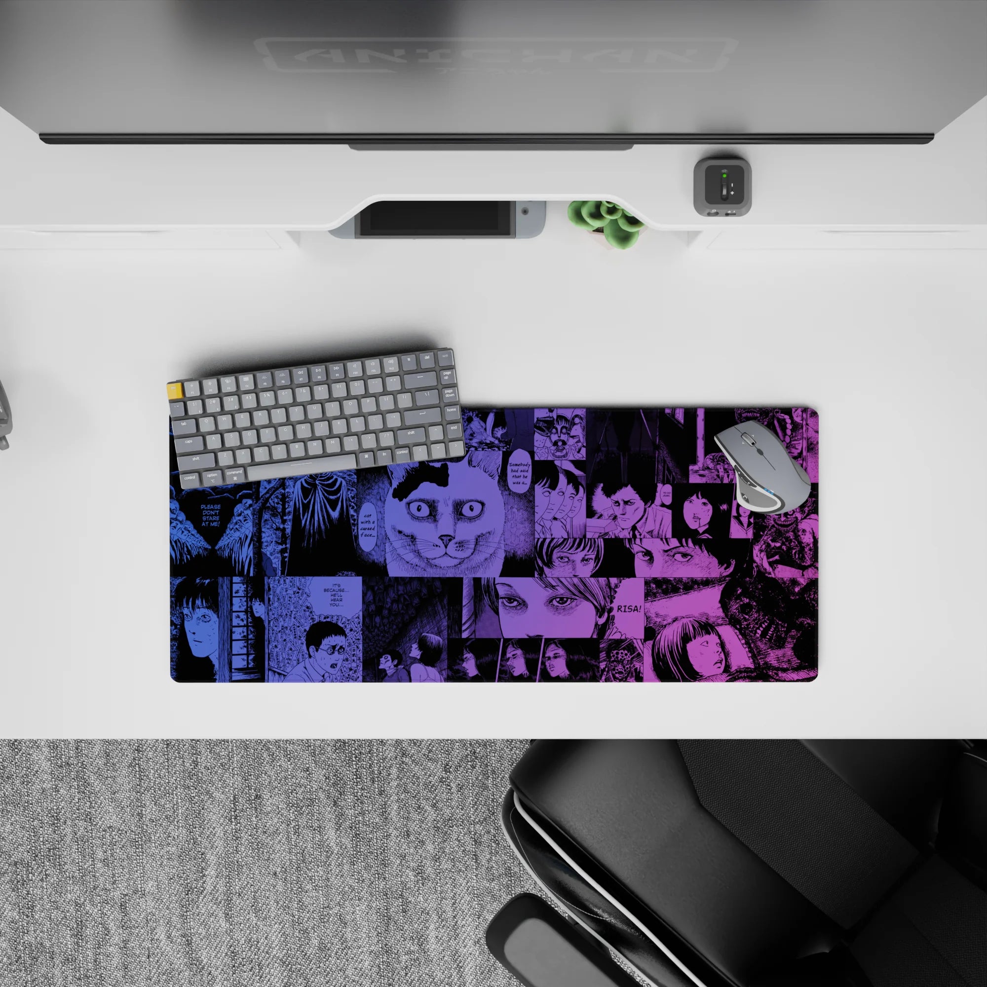 28x12 inches anime mouse pad in electric violet and deep ink blues, gritty linework with smooth gradients.