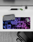 28x12 inches anime mouse pad in electric violet and deep ink blues, gritty linework with smooth gradients.