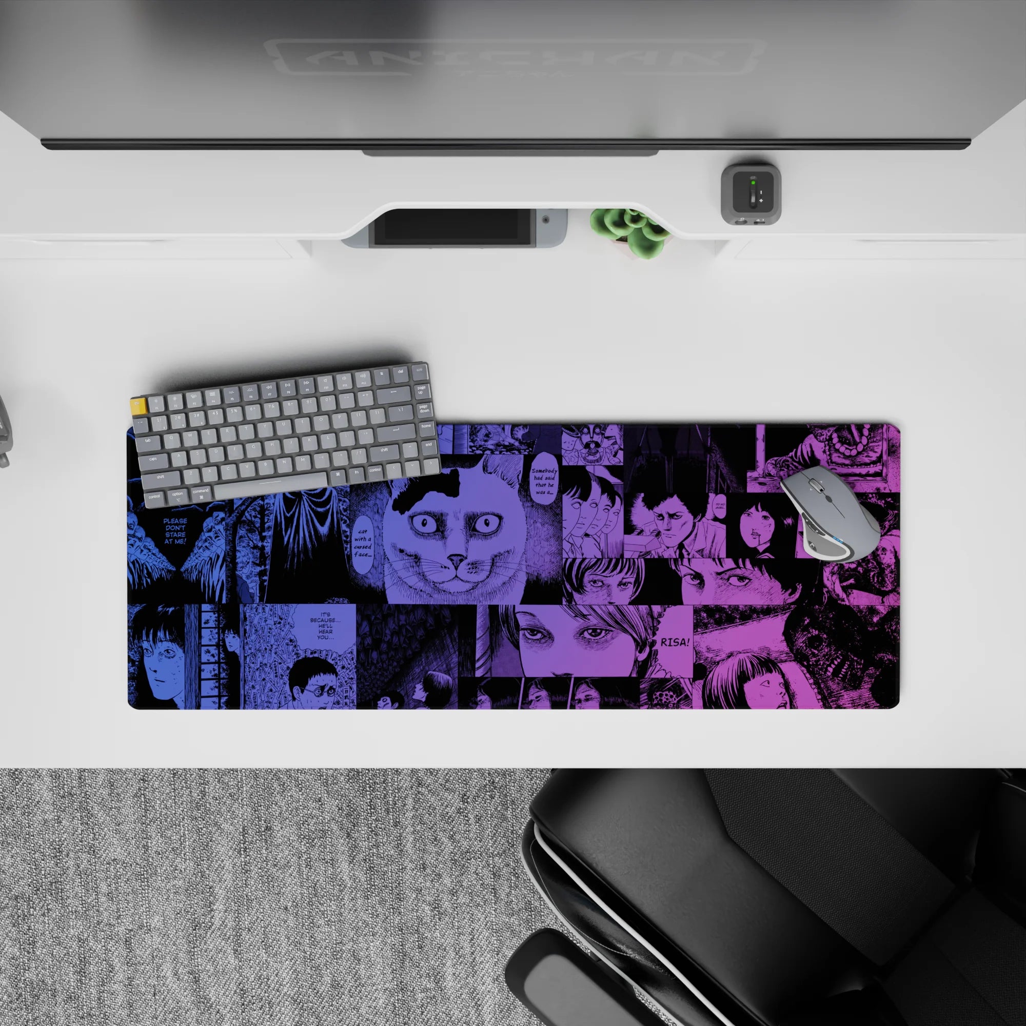 32x12 inches anime mouse pad in electric violet and deep ink blues, midnight thriller vibe with gritty linework.