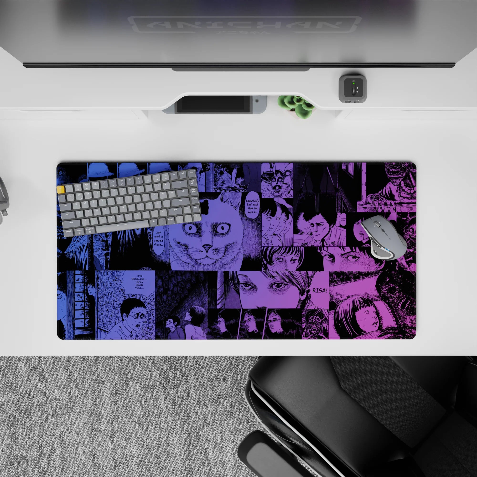 32x16 inches anime mouse pad in electric violet and deep ink blues, midnight thriller mood.