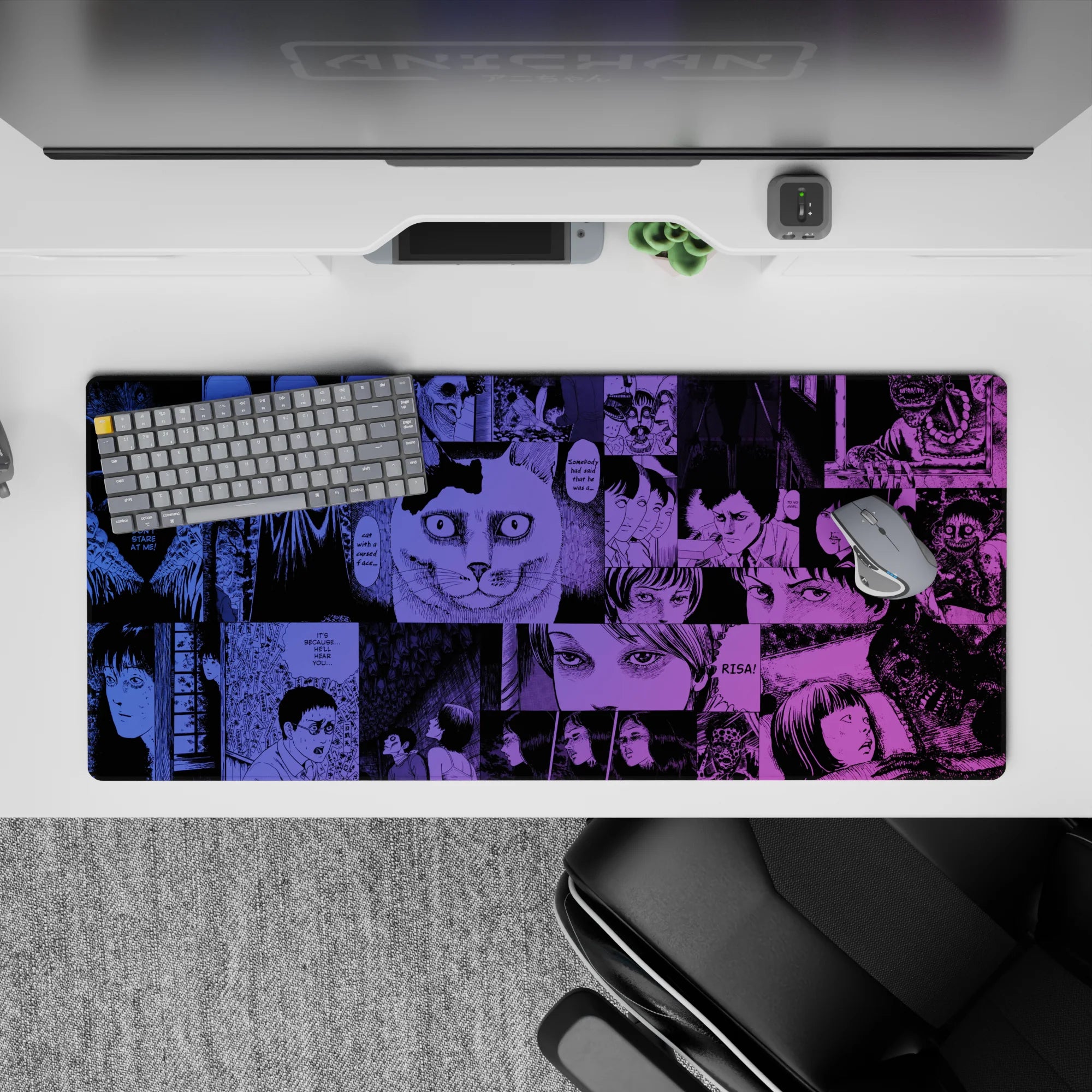 36x16 inches anime desk pad in electric violet and deep ink blues, midnight thriller vibe with clean gradients.