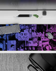 36x16 inches anime desk pad in electric violet and deep ink blues, midnight thriller vibe with clean gradients.