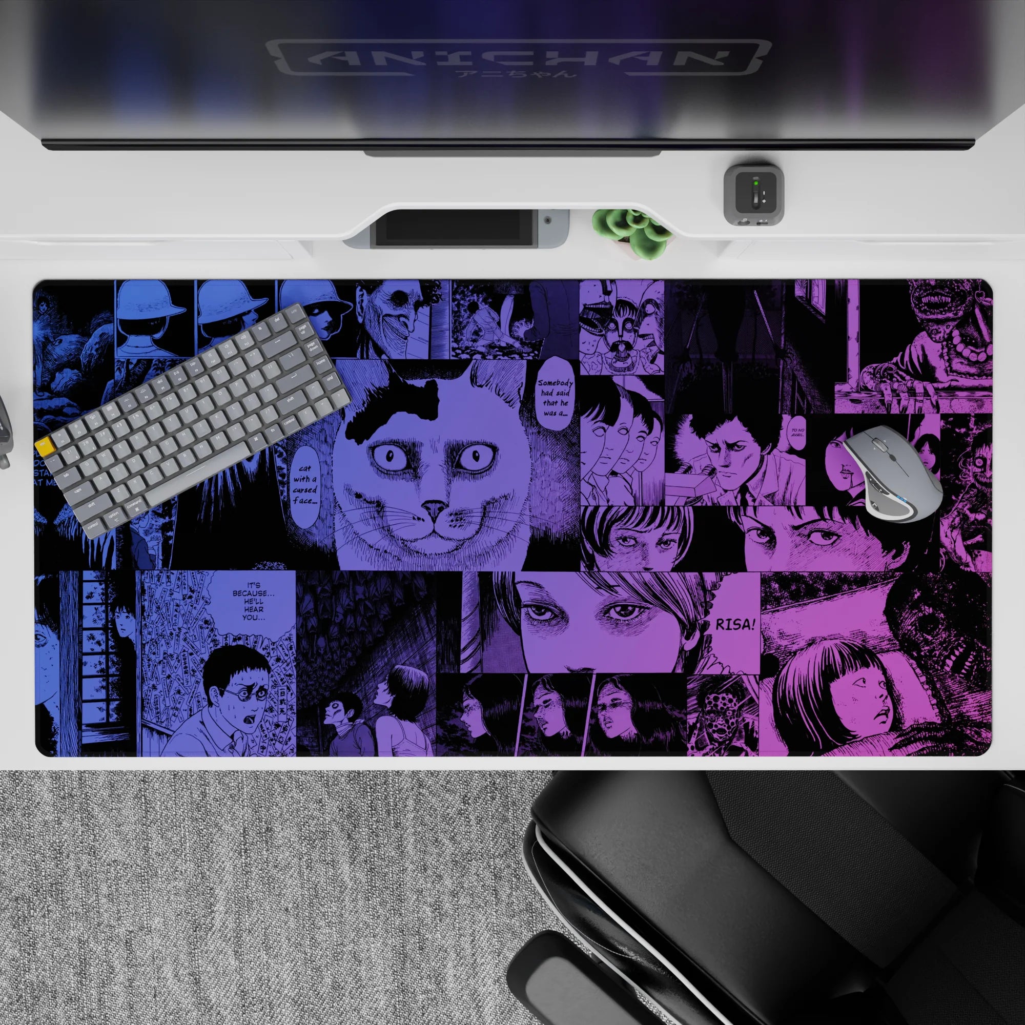 Electric violet and deep ink blue anime desk pad, midnight thriller mood, clean gradients, 40x20 inches.