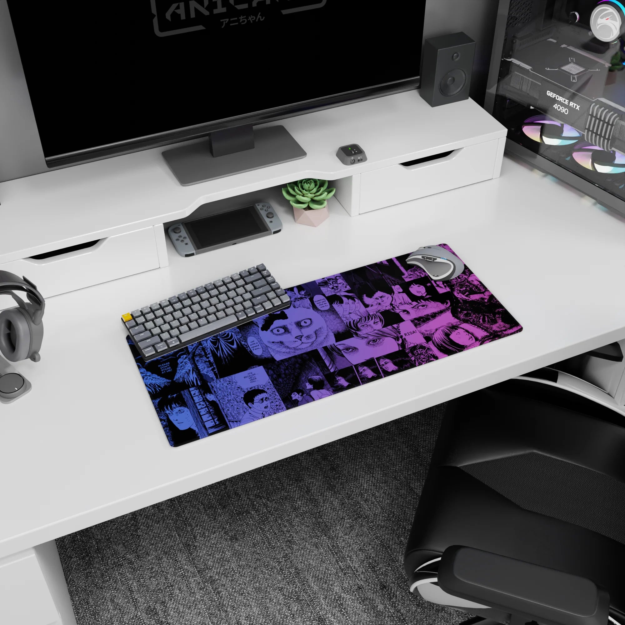 28x12 inches anime mouse pad featuring wide-eyed faces and a surreal staring cat in midnight horror panels.
