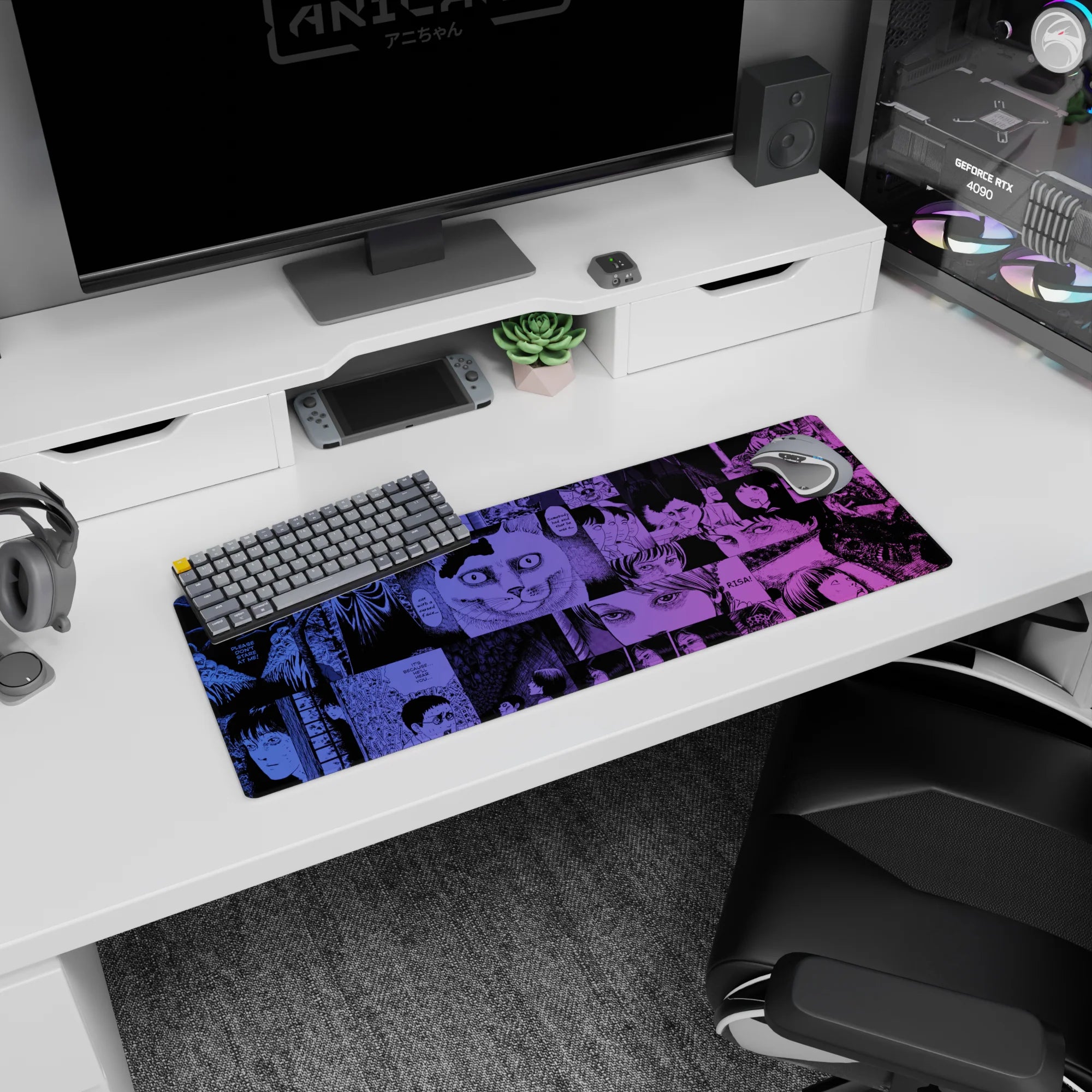 32x12 inches anime mouse pad featuring shadowy faces, surreal cat gaze, bold comic frames, and stacked manga panels.