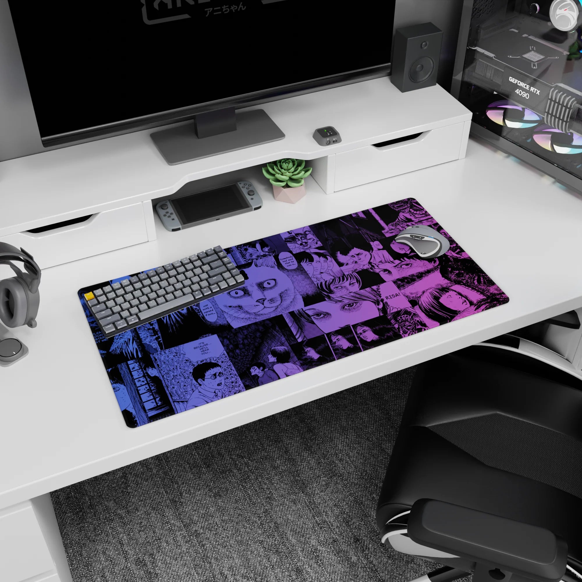 32x16 inches anime mouse pad showing shadowy faces, jagged speech bubbles, and a surreal cat gaze.