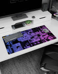 32x16 inches anime mouse pad showing shadowy faces, jagged speech bubbles, and a surreal cat gaze.