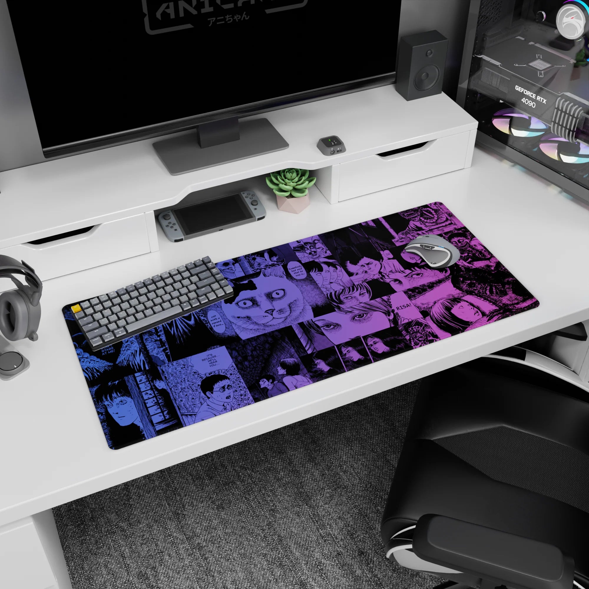 36x16 inches anime desk pad featuring shadowy faces, staring cat, and stacked horror manga panels in comic frames.