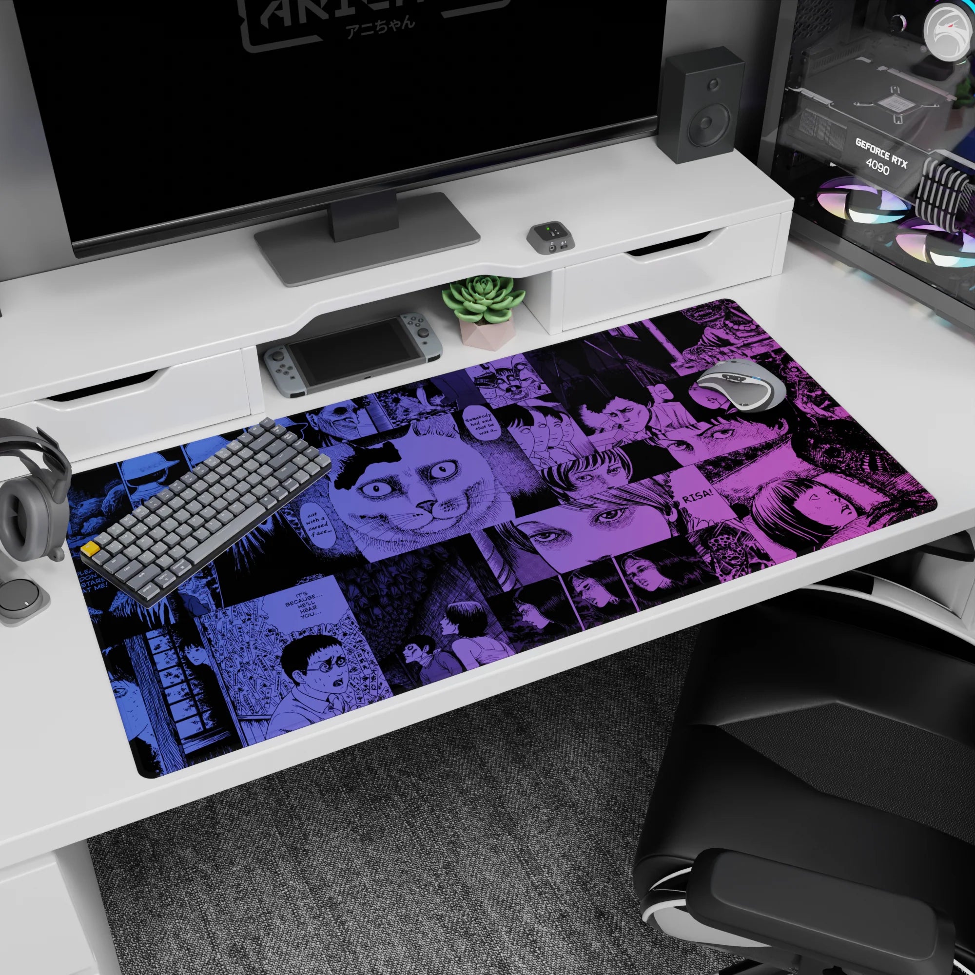 Surreal cat stare with jagged speech bubbles on horror manga anime desk pad, 40x20 inches.