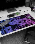 Surreal cat stare with jagged speech bubbles on horror manga anime desk pad, 40x20 inches.