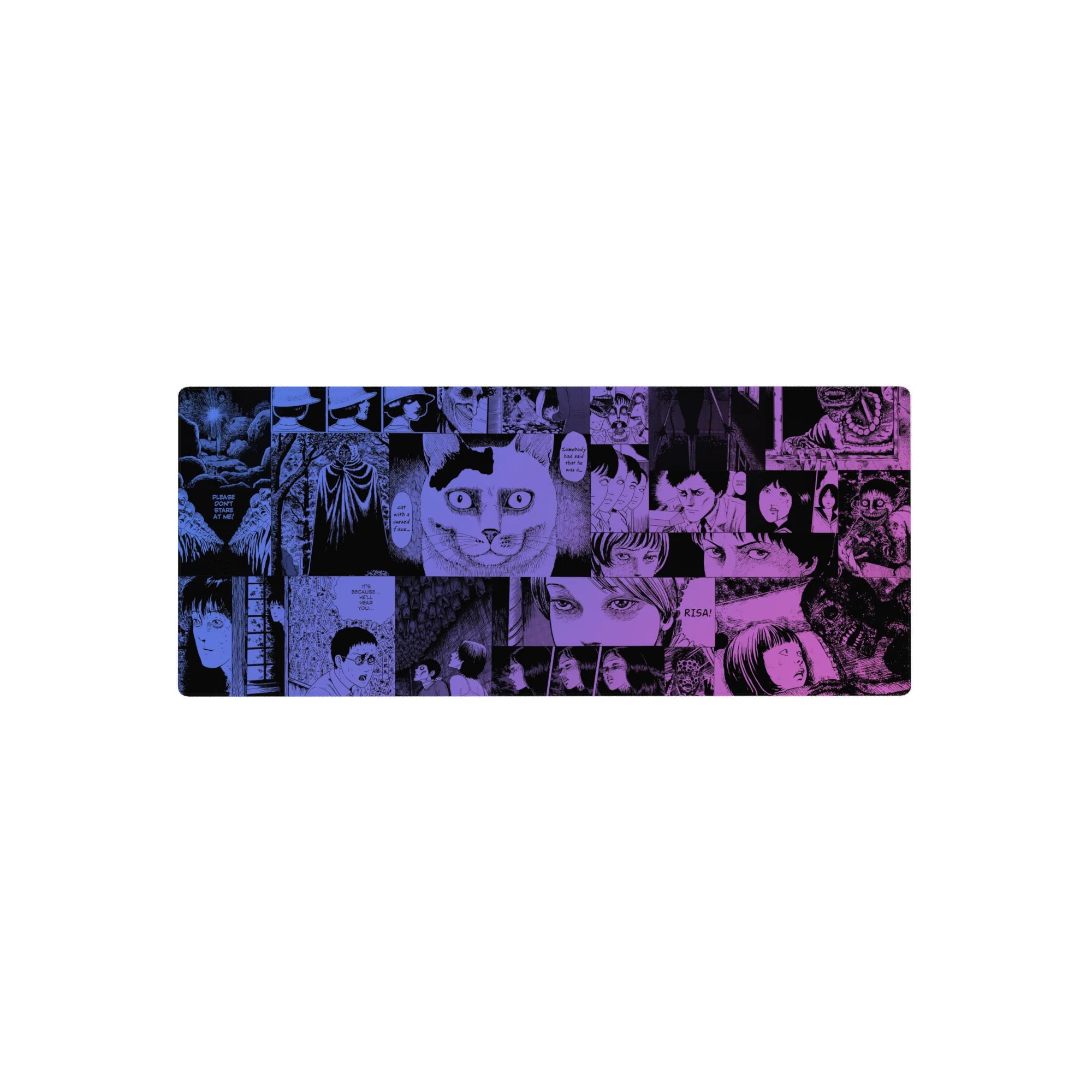 28x12 inches anime mouse pad with horror manga collage panels, jagged speech bubbles, and bold comic frames.