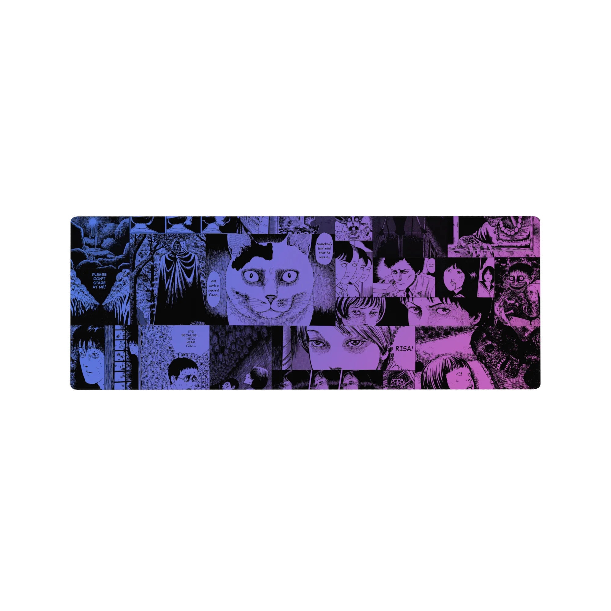 32x12 inches anime mouse pad with horror manga collage panels, wide eyes, cat stare, and jagged speech bubbles.