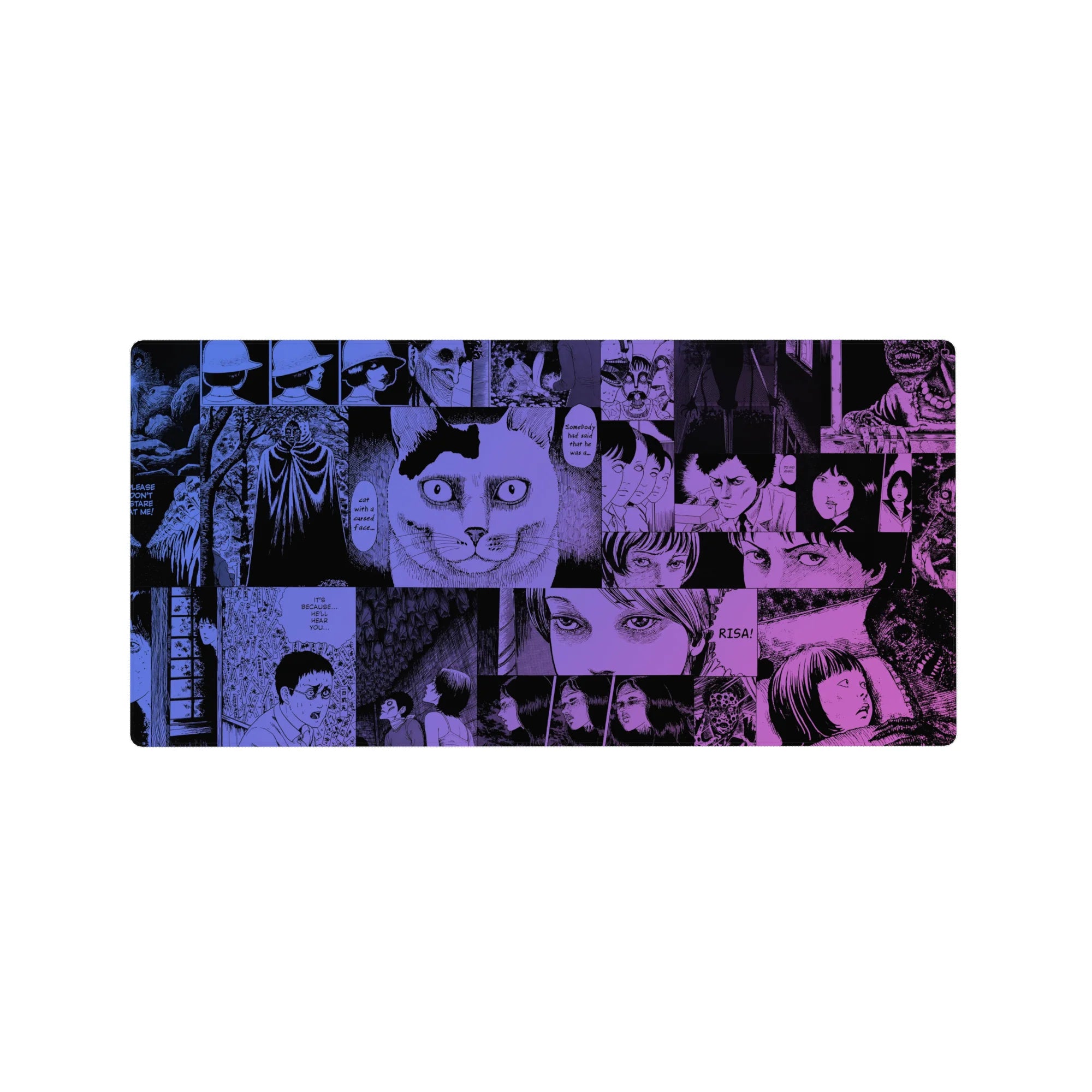 32x16 inches anime mouse pad with horror manga collage panels, bold frames, wide eyes, cat stare.