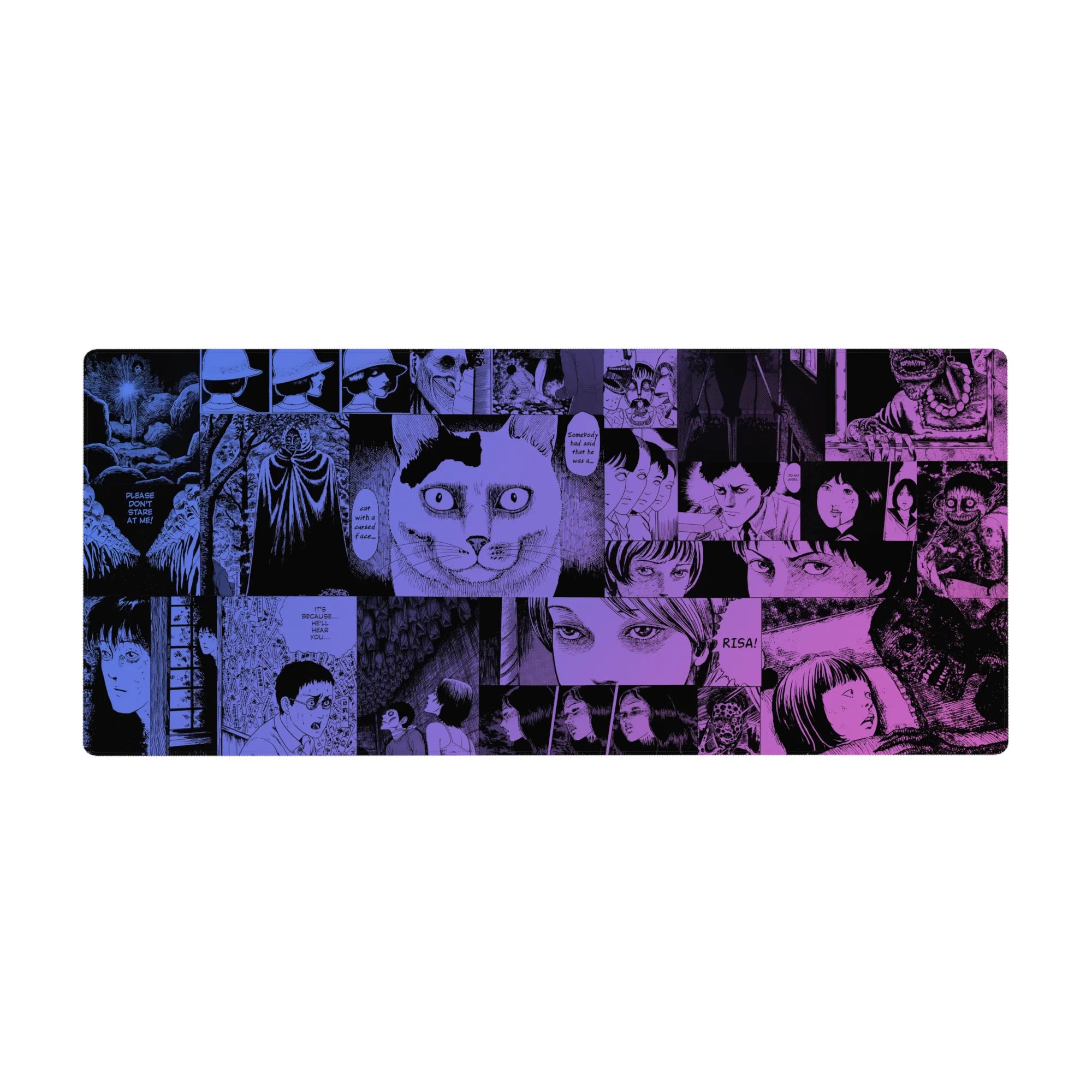 36x16 inches anime desk pad with horror manga collage panels, wide eyes, jagged speech bubbles, bold frames.