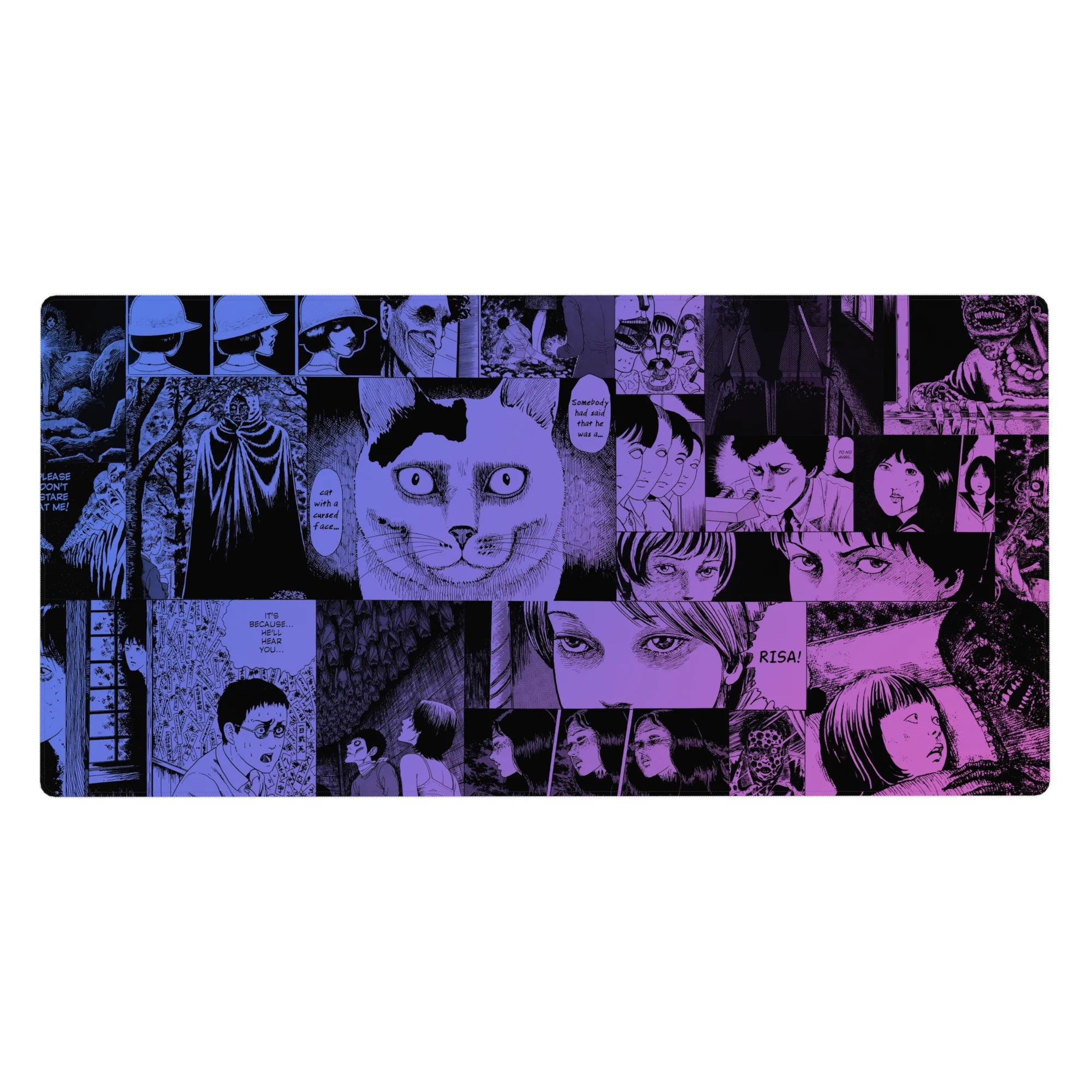 Horror manga collage anime desk pad with comic frames, wide eyes, shadowy faces, 40x20 inches.
