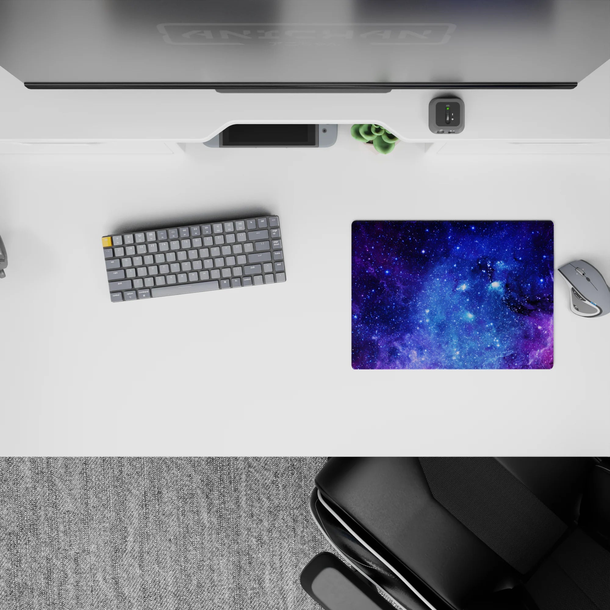 Velvety purples and electric blues galaxy mouse pad, classic 14x10 inches, calming night-sky vibe.