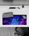 Velvety purple and electric blue 28x12 inches mouse pad with calming night-sky mood and stars.