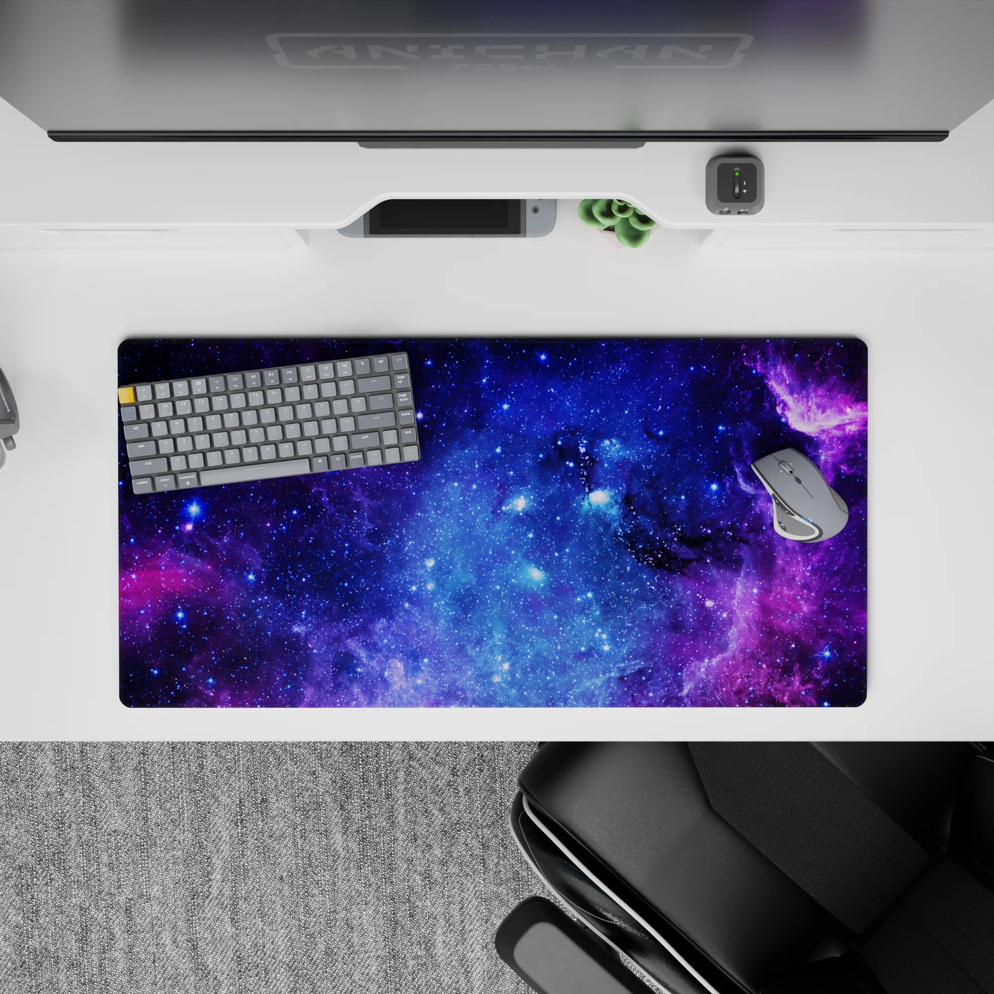 Velvety purple and electric blue mouse pad 32x16 inches with calming night-sky vibe and starry dust.
