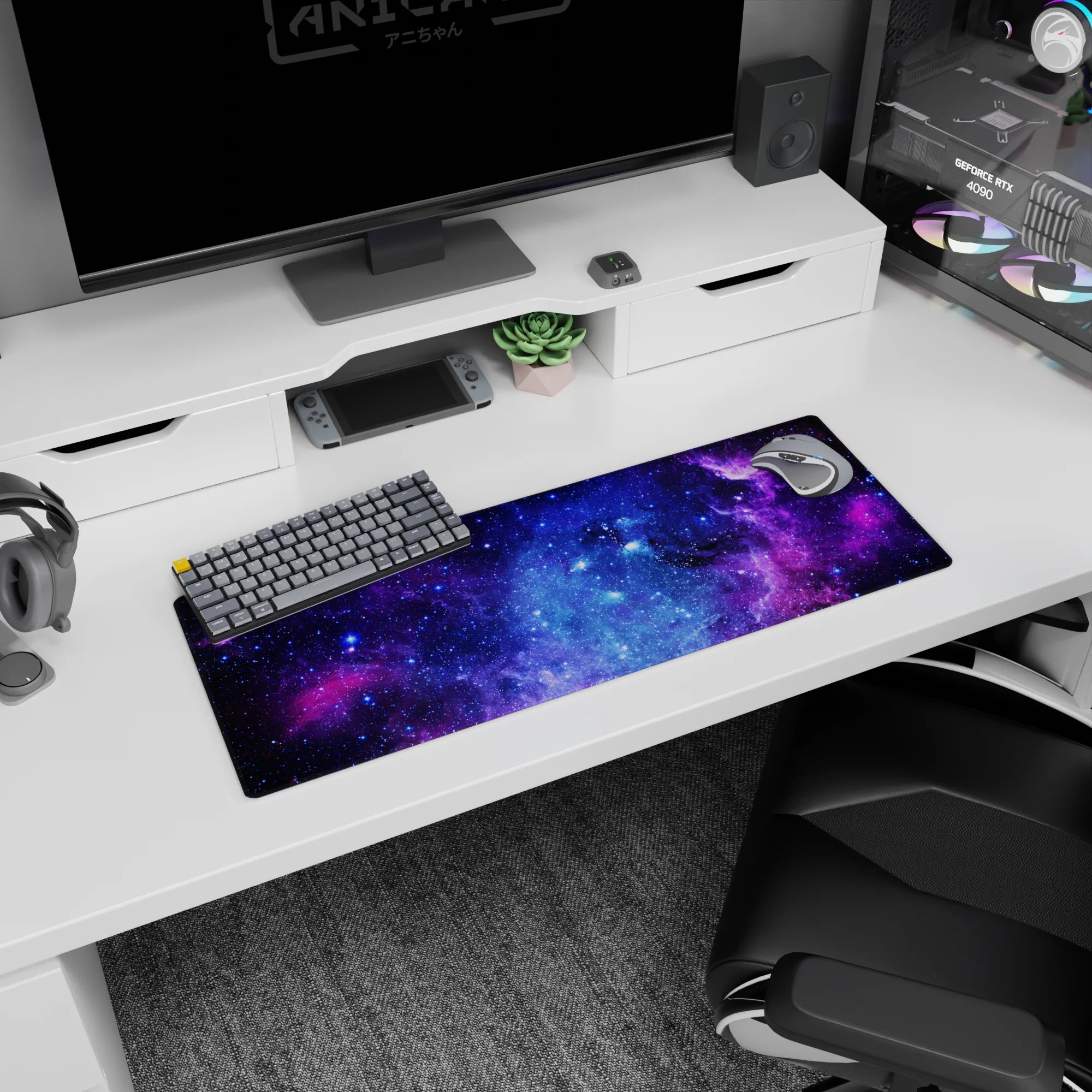 Swirling nebula clouds with tiny stars space scene extended mouse pad, size 32x12 inches.