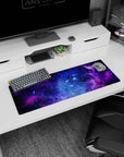 Swirling nebula clouds with tiny stars space scene extended mouse pad, size 32x12 inches.