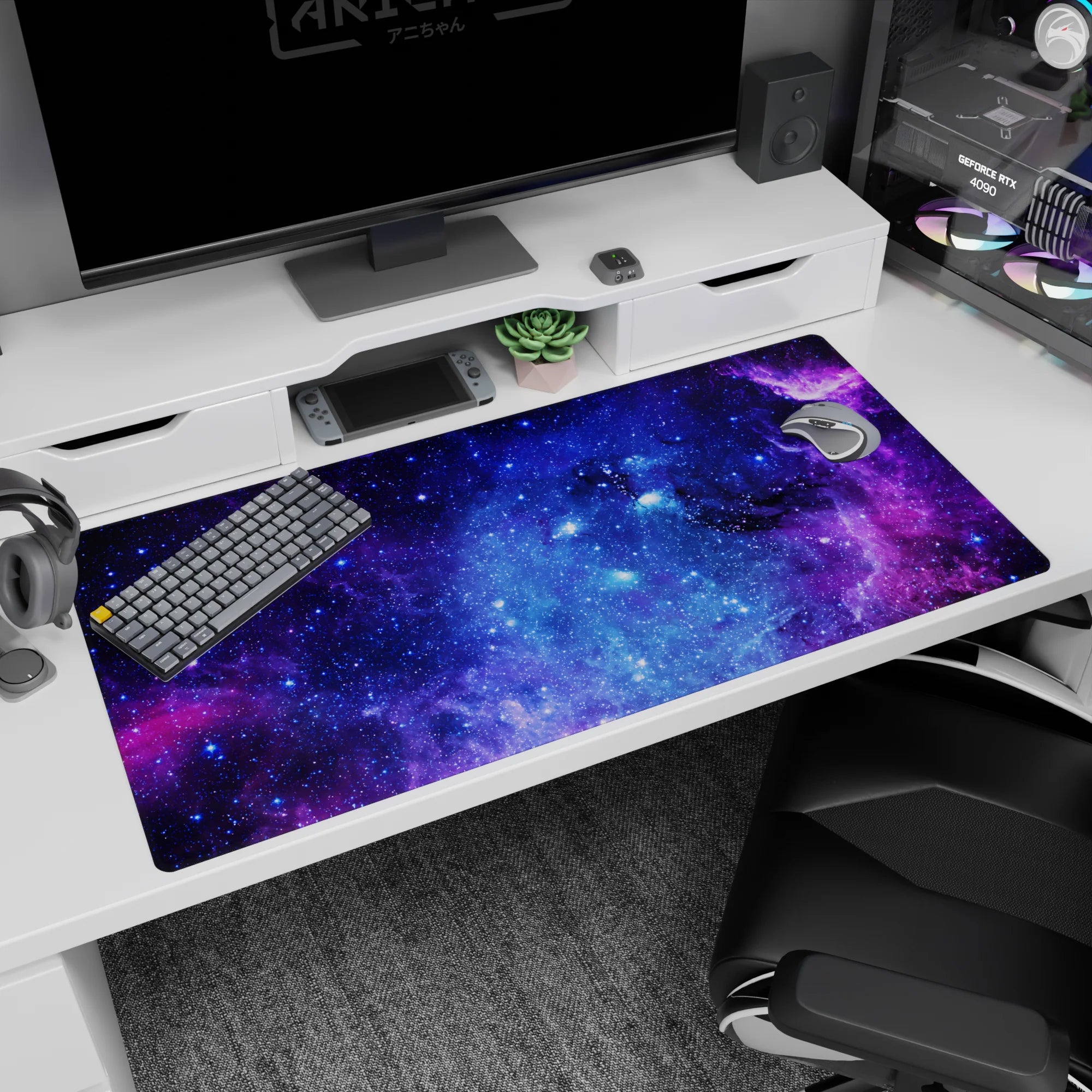 Swirling nebula clouds and tiny stars desk pad 40x20 inches, deep space scene for desktops.