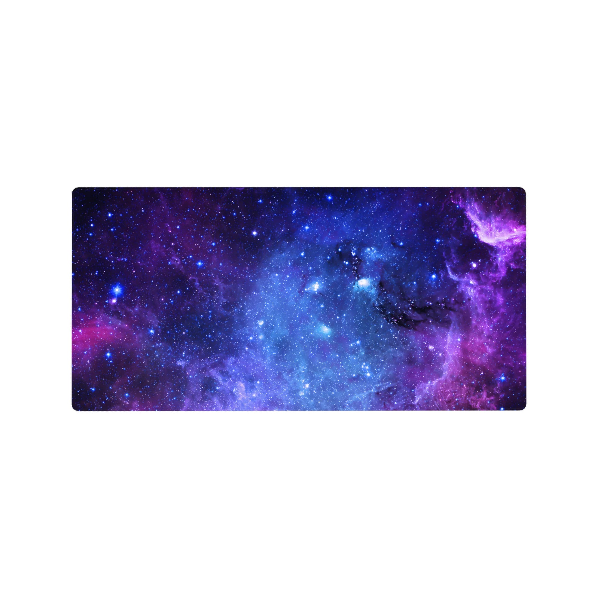 Galaxy nebula desk mouse pad 32x16 inches with swirling clouds, inky depth, and tiny star specks.