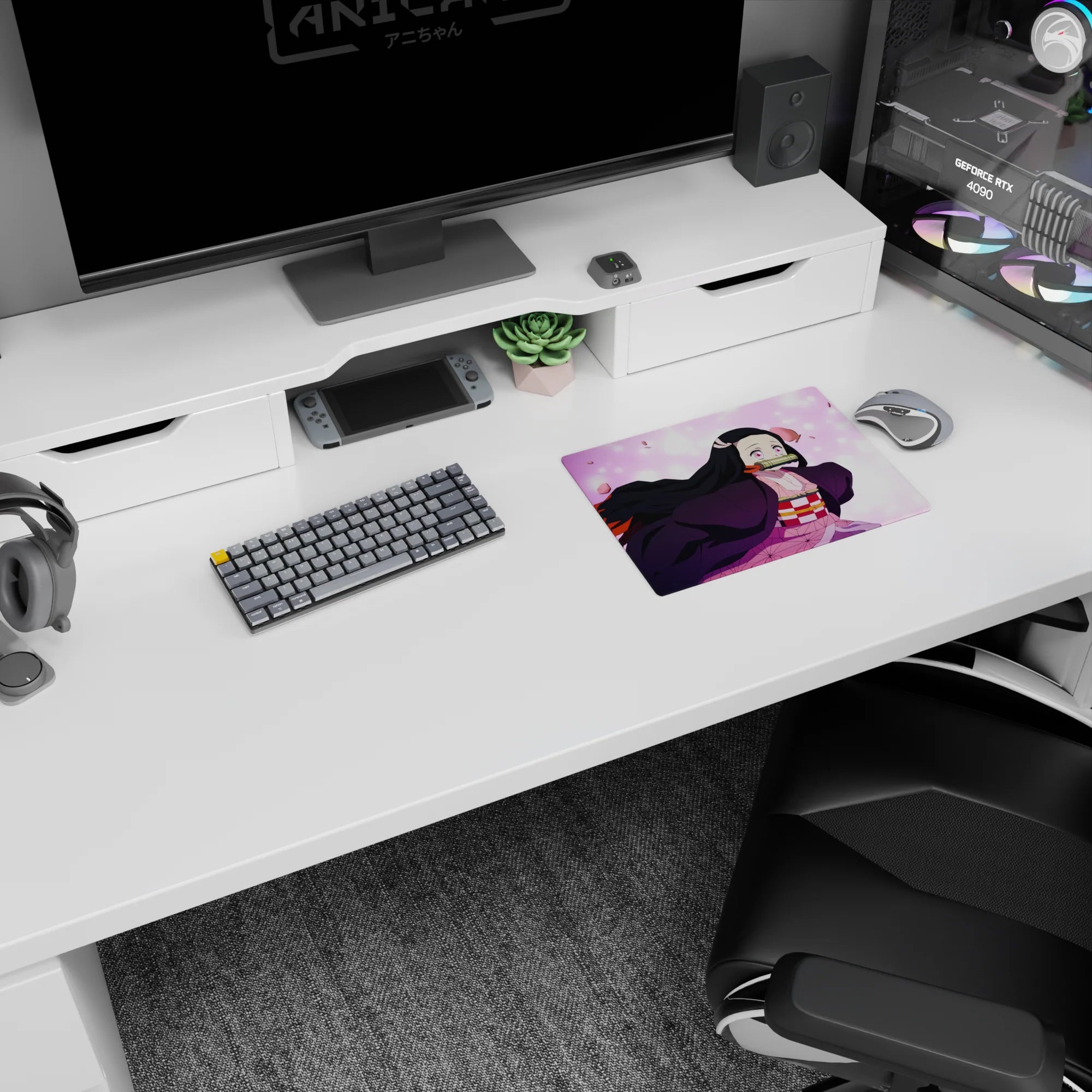 Nezuko from Demon Slayer on 14x10 inch anime mouse pad, surrounded by sakura petals, pastel hues, and vibrant eyes.