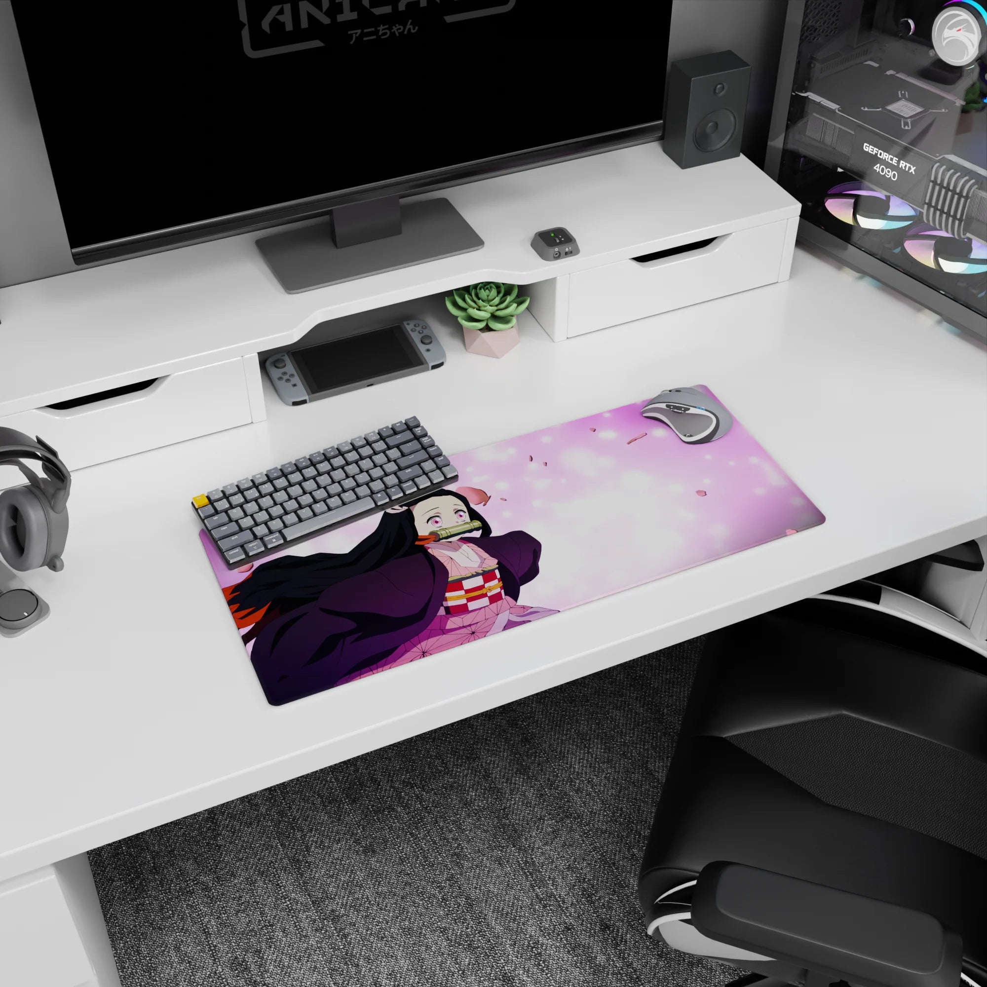 Mouse pad featuring Nezuko from Demon Slayer, size 28x12 inches, showing her amidst pink sakura petals, vibrant and dynamic.