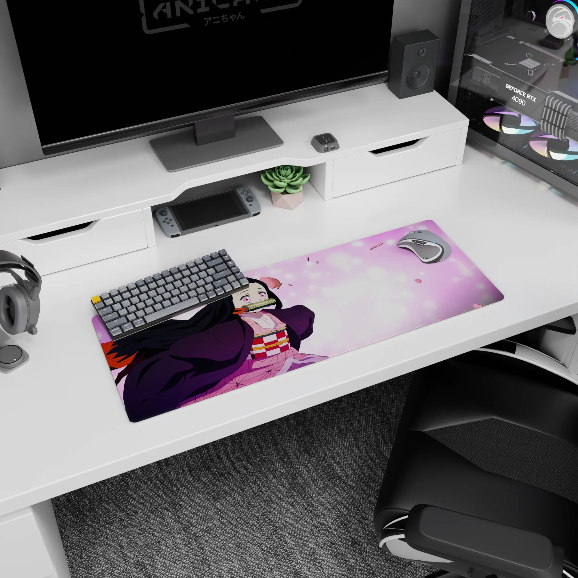 Anime mouse pad 32x12 inches featuring Nezuko from Demon Slayer, surrounded by sakura petals and soft pastel hues.