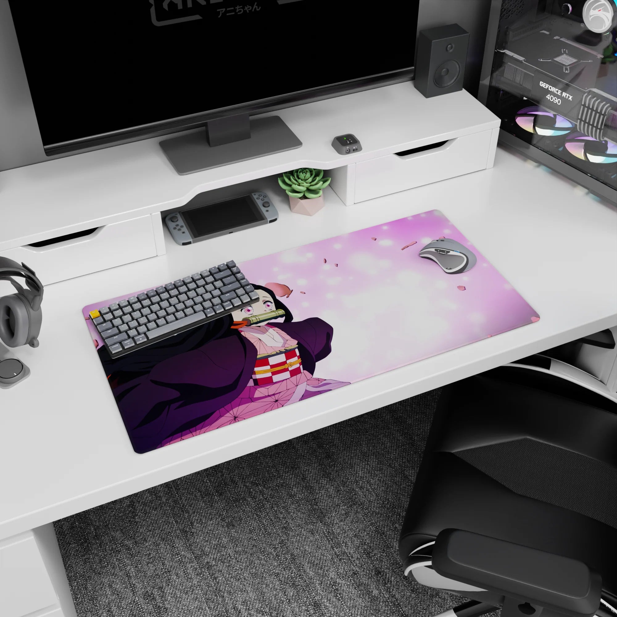 Nezuko anime mouse pad 32x16 inches, featuring vibrant sakura petals and Nezuko's determined, charming expression.