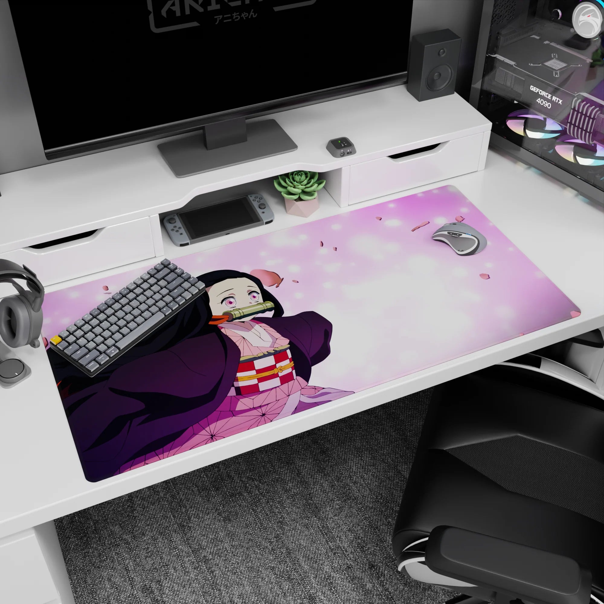 Anime desk pad 40x20 inches with Nezuko from Demon Slayer, featuring sakura petals and pastel tones for a vibrant look.