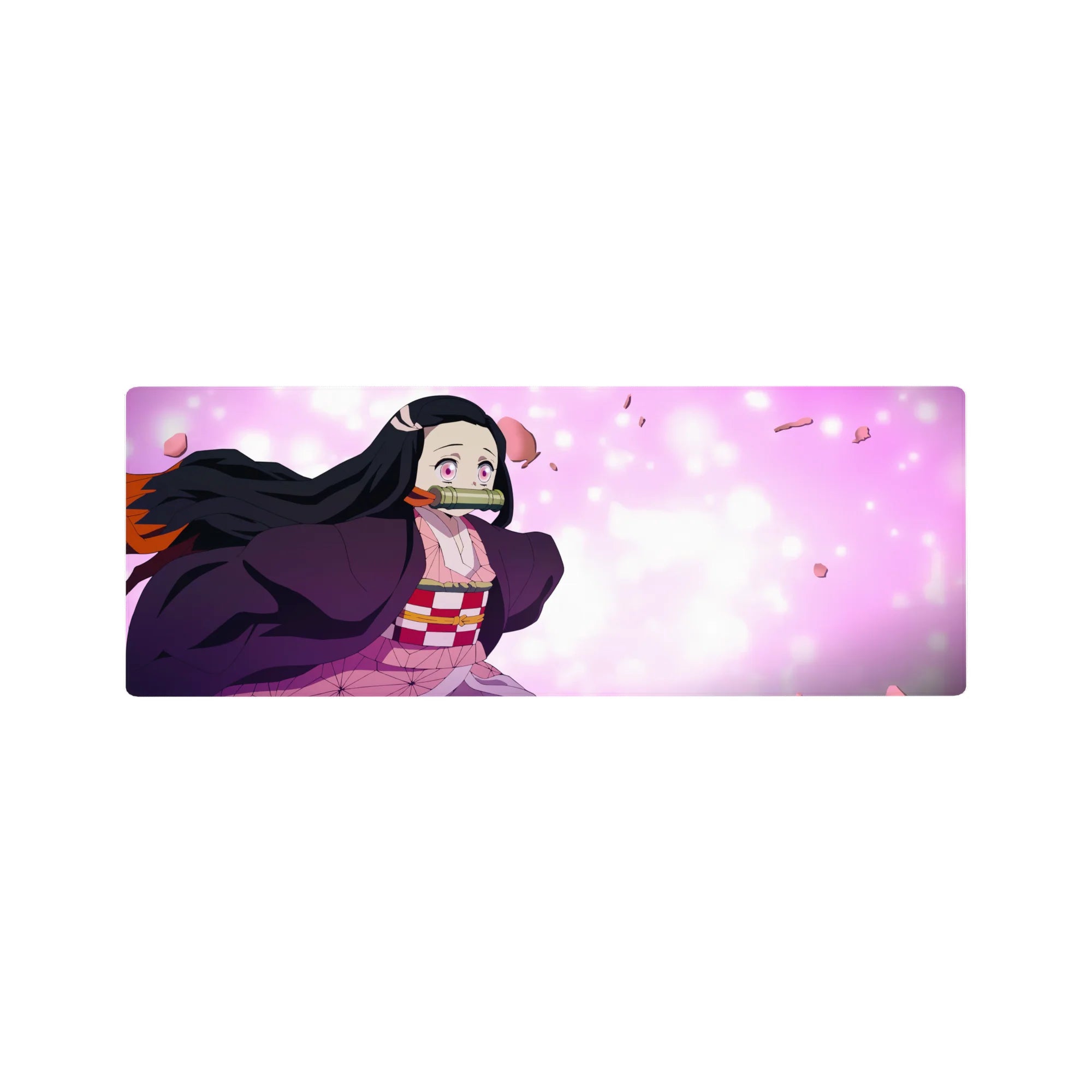 Anime mouse pad 32x12 inches featuring Nezuko from Demon Slayer, surrounded by sakura petals and pastel tones.