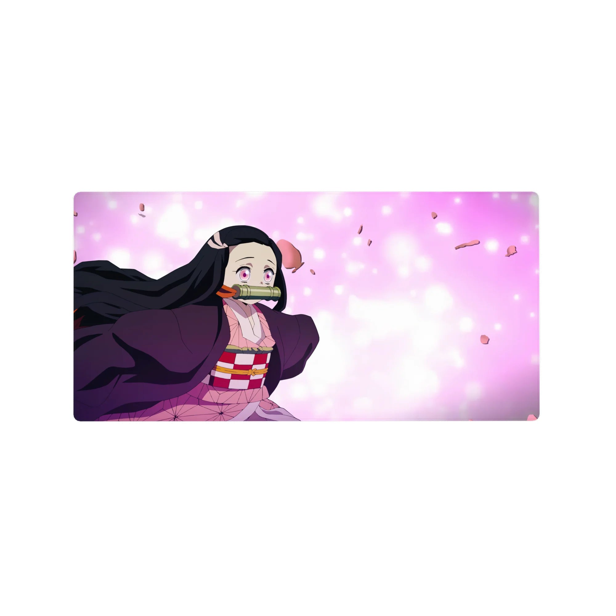 Anime mouse pad 32x16 inches featuring Nezuko from Demon Slayer, highlighted by sakura petals and pastel tones.