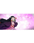 Anime desk pad 36x16 inches featuring Nezuko from Demon Slayer in a pink haze with sakura petals and vivid, determined eyes.