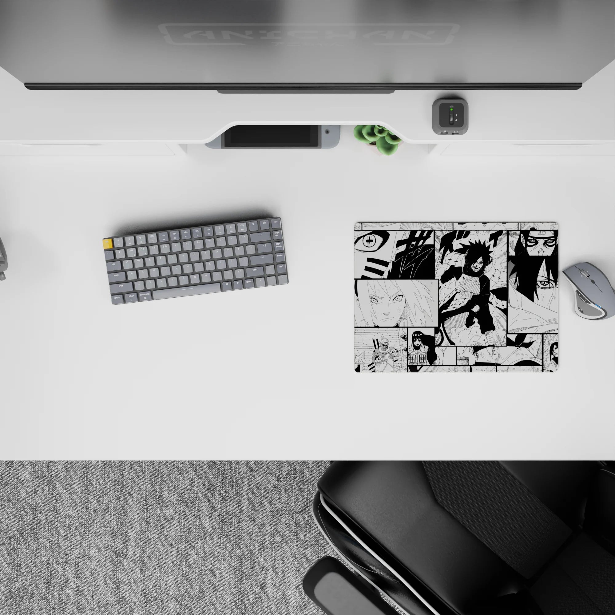 14x10 inches black-and-white anime mouse pad with high-contrast gritty screentone manga vibe.