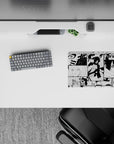 14x10 inches black-and-white anime mouse pad with high-contrast gritty screentone manga vibe.