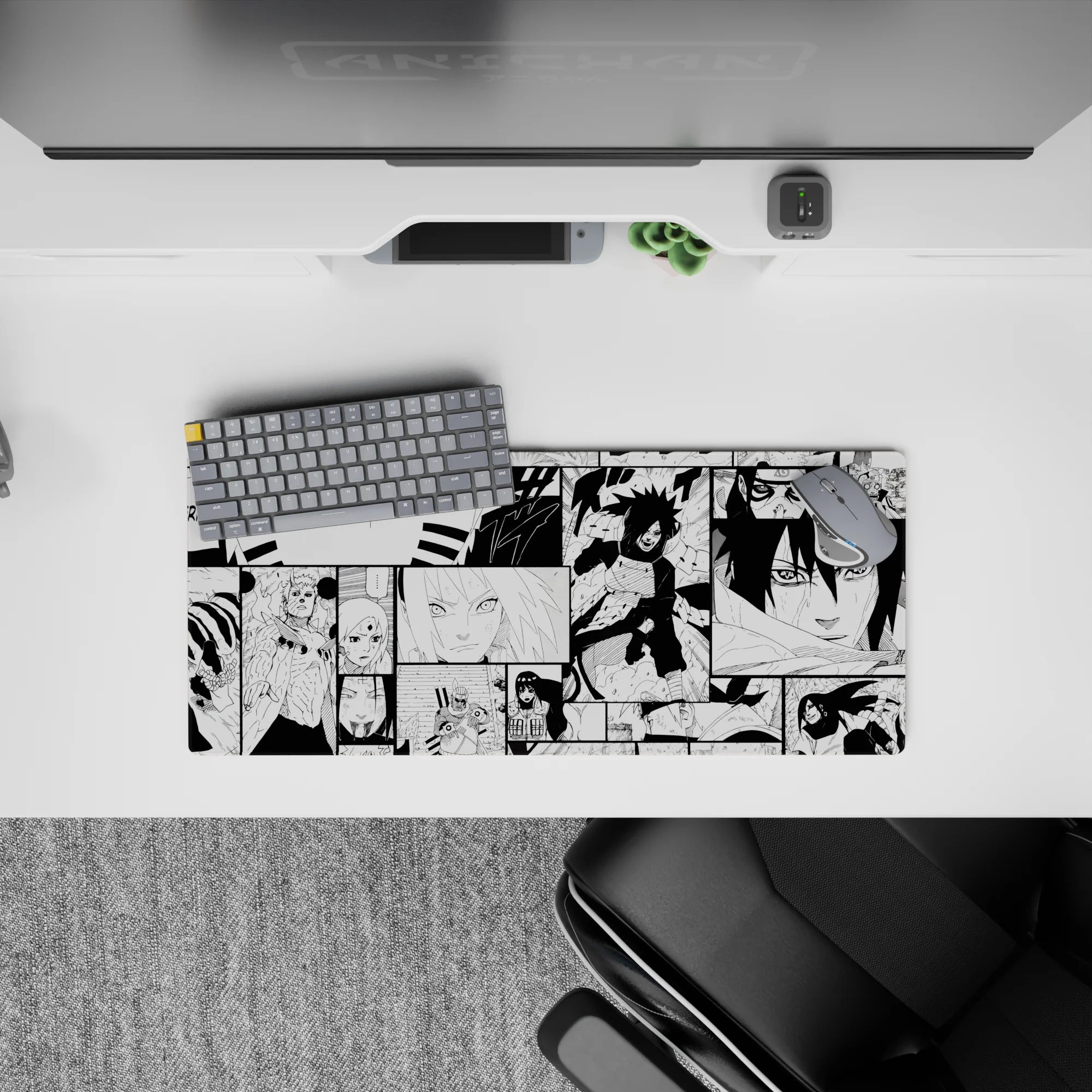 28x12 inches black-and-white anime mouse pad, gritty screentone texture, high-contrast and classy.